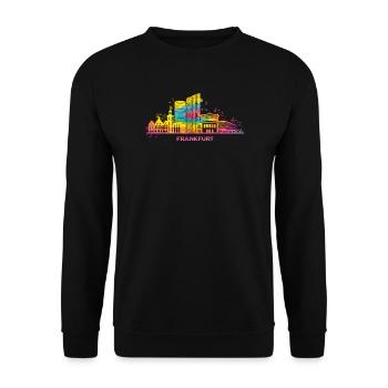 Frankfurter Skyline Bunt Stadtbild Frankfurt - Unisex Pullover - Schwarz - Vorne - Alina (178cm) & Michal (187cm)