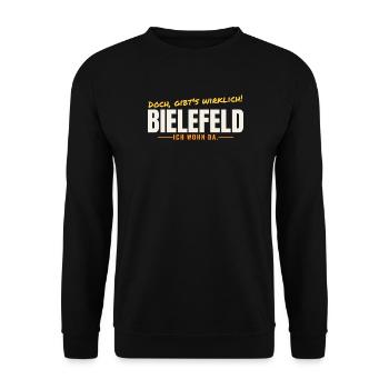 Bielefeld – Doch, gibt's wirklich! Ich wohn da. - Unisex Pullover - Schwarz - Vorne - Alina (178cm) & Michal (187cm)