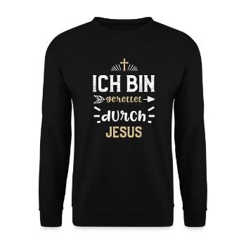 Ich bin gerettet durch Jesus - Unisex Pullover - Schwarz - Vorne - Alina (178cm) & Michal (187cm)