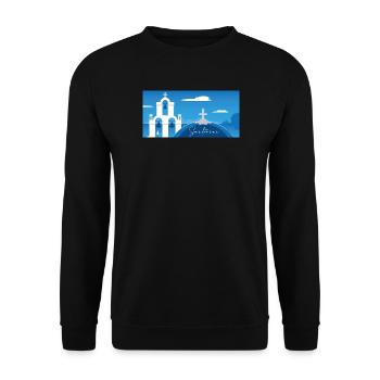 Santorini Panorama von der Kirche aus - Unisex Pullover - Schwarz - Vorne - Alina (178cm) & Michal (187cm)