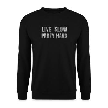 Live slow, party hard – Glitter Disco Statement - Unisex Sweatshirt - black - Front - Alina (178cm) & Michal (187cm)