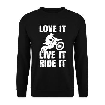 Love It Live It Ride It Motorradfahrer - Unisex Pullover - Schwarz - Vorne - Alina (178cm) & Michal (187cm)