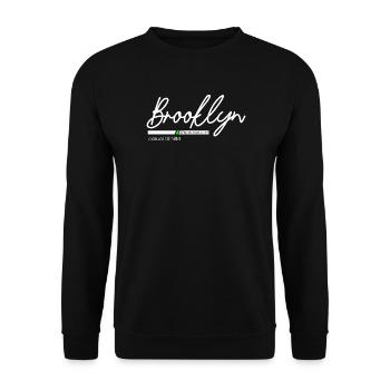 Stadtbild mit Neonlichtern und Bergblick - Unisex Pullover - Schwarz - Vorne - Alina (178cm) & Michal (187cm)