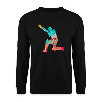 Cricket-Spieler in Popart - Unisex Pullover - Schwarz - Vorne - Alina (178cm) & Michal (187cm)