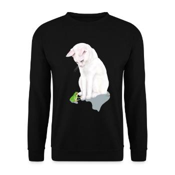 White cat with green frog - Unisex Sweatshirt - black - Front - Alina (178cm) & Michal (187cm)