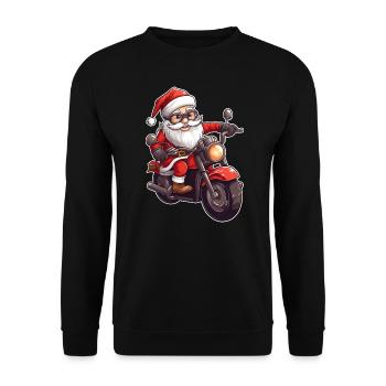 Lustiger Cartoon Santa Clause auf Motorrad - Unisex Pullover - Schwarz - Vorne - Alina (178cm) & Michal (187cm)