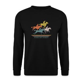 Horses Bets Regrets Pferderennen Jockey Rennbahn - Unisex Pullover - Schwarz - Vorne - Alina (178cm) & Michal (187cm)