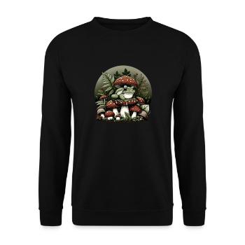 Ästhetische Cottagecore Frosch Pilz Liebhaber - Unisex Pullover - Schwarz - Vorne - Alina (178cm) & Michal (187cm)