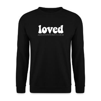 Loved - Geliebt -Bibelstellen, groovy font - Unisex Pullover - Schwarz - Vorne - Alina (178cm) & Michal (187cm)