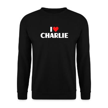I love Charlie Rotes Herz Romantischer Name Fan - Unisex Pullover - Schwarz - Vorne - Alina (178cm) & Michal (187cm)