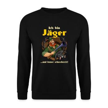 Ich bin Jäger und immer schussbereit - RAHMENLOS - Unisex Pullover - Schwarz - Vorne - Alina (178cm) & Michal (187cm)