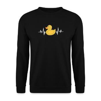 Humorvolle Gummiente mit Herzschlaglinie - Unisex Pullover - Schwarz - Vorne - Alina (178cm) & Michal (187cm)