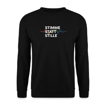 Stimme Statt Stille Statement Spruch Pride - Unisex Pullover - Schwarz - Vorne - Alina (178cm) & Michal (187cm)