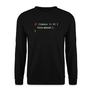if (tokens == 0) feierabend(); – KI Feierabend - Unisex Pullover - Schwarz - Vorne - Alina (178cm) & Michal (187cm)