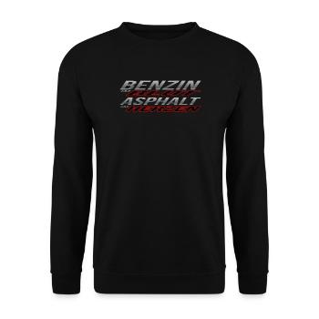 Benzin im Blut, Asphalt im Herzen - Unisex Pullover - Schwarz - Vorne - Alina (178cm) & Michal (187cm)