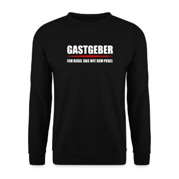 Gastgeber Ich Regel Das Mit Dem Pegel - Unisex Pullover - Schwarz - Vorne - Alina (178cm) & Michal (187cm)