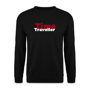 Zeitreisenden-Glitch-Textdesign - Unisex Pullover - Schwarz - Vorne - Alina (178cm) & Michal (187cm)