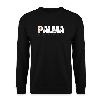 Palma Distressed Text mit Spanien-Flagge - Unisex Pullover - Schwarz - Vorne - Alina (178cm) & Michal (187cm)
