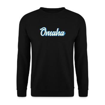 Omaha Schriftzug in Retro-Blau - Unisex Pullover - Schwarz - Vorne - Alina (178cm) & Michal (187cm)