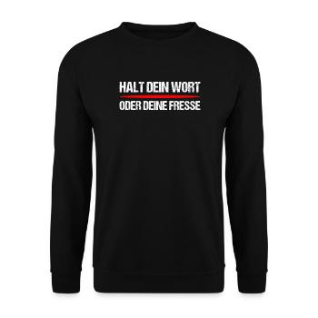 Halt dein Wort oder Fresse – Frecher Spruch - Unisex Pullover - Schwarz - Vorne - Alina (178cm) & Michal (187cm)