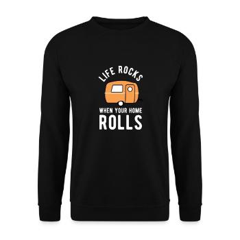 Camping T-Shirt Wohnwagen Geschenk Campingfreunde - Unisex Pullover - Schwarz - Vorne - Alina (178cm) & Michal (187cm)