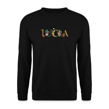 LUCIA Namenskunst mit gestickten Blumen - Unisex Pullover - Schwarz - Vorne - Alina (178cm) & Michal (187cm)