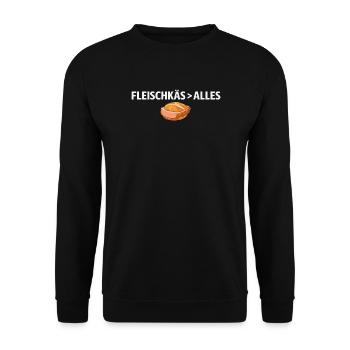 FLEISCHKÄS > ALLES Shirt – Food Statement & Humor - Unisex Pullover - Schwarz - Vorne - Alina (178cm) & Michal (187cm)