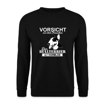 vorsicht vor dem frauchen Bullterrier - Unisex Pullover - Schwarz - Vorne - Alina (178cm) & Michal (187cm)