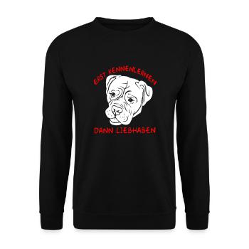 Erst Kennenlernen dann Liebhaben Bordeaux Dogge - Unisex Pullover - Schwarz - Vorne - Alina (178cm) & Michal (187cm)
