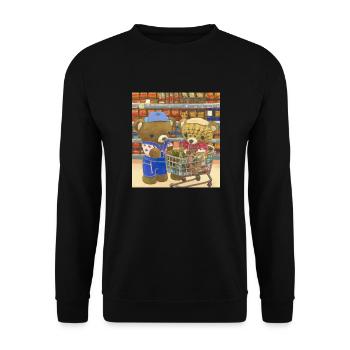 Flauschige Teddybären beim Einkauf im Supermarkt - Unisex Pullover - Schwarz - Vorne - Alina (178cm) & Michal (187cm)