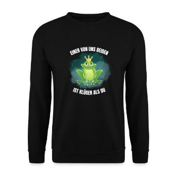 Lustiger Spruch Klüger Frosch - Unisex Pullover - Schwarz - Vorne - Alina (178cm) & Michal (187cm)