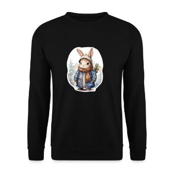 Hase im Schnee mit Mütze, Schal und Mantel - Unisex Pullover - Schwarz - Vorne - Alina (178cm) & Michal (187cm)