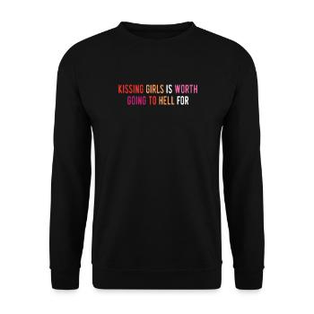 LGBT Pride Month - Küsse Mädchen. Lesbisches Paar - Unisex Pullover - Schwarz - Vorne - Alina (178cm) & Michal (187cm)