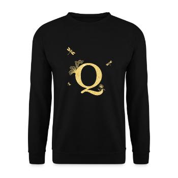 Buchstabe Q Glitzer Gold Libelle - Geschenkidee - Unisex Pullover - Schwarz - Vorne - Alina (178cm) & Michal (187cm)