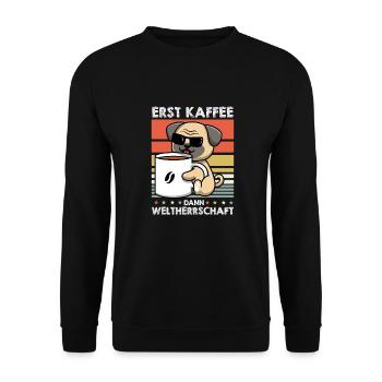 Mops Hund Kaffee-Sonnenbrille - Unisex Pullover - Schwarz - Vorne - Alina (178cm) & Michal (187cm)