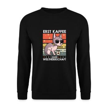 Sphynx Katze Kaffee-Sonnenbrille - Unisex Pullover - Schwarz - Vorne - Alina (178cm) & Michal (187cm)