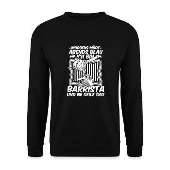 Barista Kaffee Morgens Mde Abends Blau - Unisex Pullover - Schwarz - Vorne - Alina (178cm) & Michal (187cm)