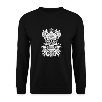 80s Rock Rosen Totenschädel - Unisex Pullover - Schwarz - Vorne - Alina (178cm) & Michal (187cm)