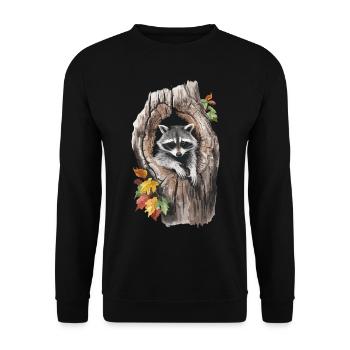 Niedlicher Waschbär in hohlem Baum für einen - Unisex Pullover - Schwarz - Vorne - Alina (178cm) & Michal (187cm)