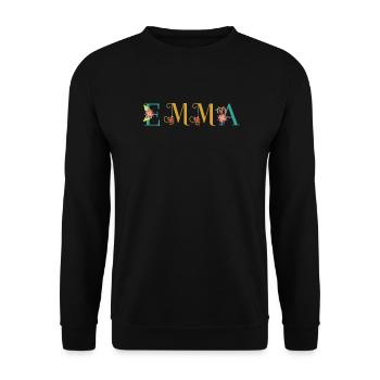EMMA Namenskunst mit gestickten Blumen - Unisex Pullover - Schwarz - Vorne - Alina (178cm) & Michal (187cm)