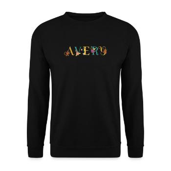 AVERY Namenskunst mit gestickten Blumen - Unisex Pullover - Schwarz - Vorne - Alina (178cm) & Michal (187cm)