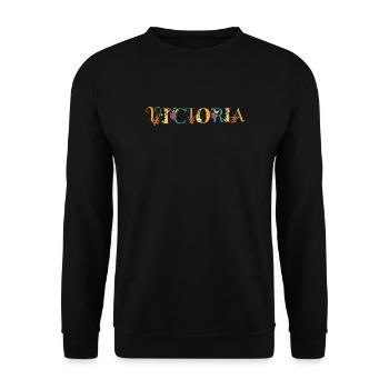 VICTORIA Namenskunst mit gestickten Blumen - Unisex Pullover - Schwarz - Vorne - Alina (178cm) & Michal (187cm)