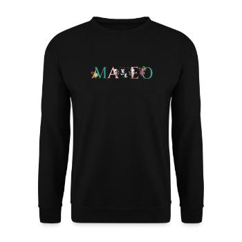 MATEO Namenskunst mit gestickten Blumen - Unisex Pullover - Schwarz - Vorne - Alina (178cm) & Michal (187cm)