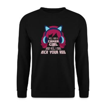 Gamer Girl Gaming Zocker Headset Nerd Geschenk - Unisex Pullover - Schwarz - Vorne - Alina (178cm) & Michal (187cm)