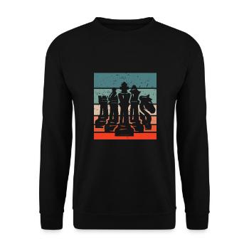 Farbige retro vintage Schachfiguren - Unisex Pullover - Schwarz - Vorne - Alina (178cm) & Michal (187cm)