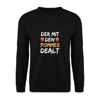 Der Mit Den Pommes Dealt | Pommes Verkäufer Pommes - Unisex Pullover - Schwarz - Vorne - Alina (178cm) & Michal (187cm)