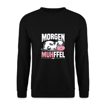 Morgenmuffel Kuh Motiv MUHffel - Unisex Pullover - Schwarz - Vorne - Alina (178cm) & Michal (187cm)