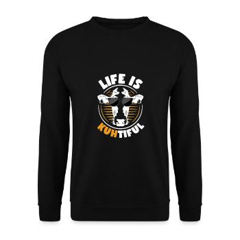 Kuh Wortspiel - Life is Kuhtiful Kühe - Unisex Pullover - Schwarz - Vorne - Alina (178cm) & Michal (187cm)