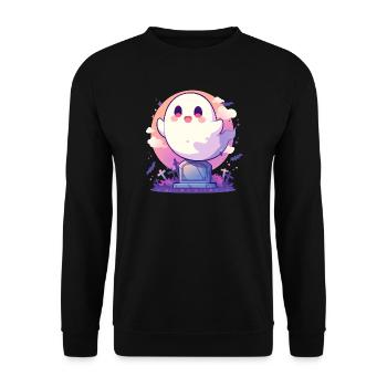 Halloween | Niedlicher Geist spuckt auf Friedhof - Unisex Pullover - Schwarz - Vorne - Alina (178cm) & Michal (187cm)