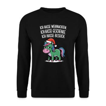 Ich hasse Weihnachten Geschenke Einhorn Lustig - Unisex Pullover - Schwarz - Vorne - Alina (178cm) & Michal (187cm)